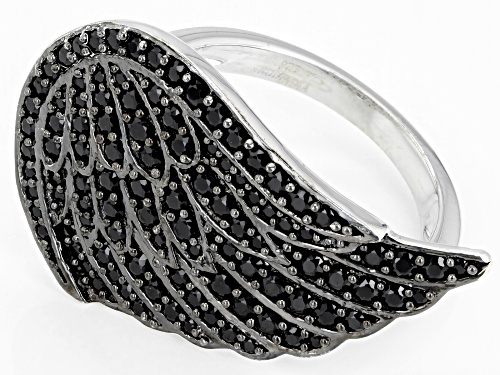 1.09ctw round black spinel sterling silver angel wing ring - Size 8