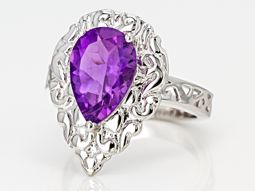 2.50ct Pear Shape African amethyst sterling silver solitaire ring - Size 7