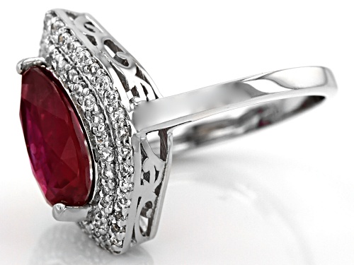 3.60CT PEAR SHAPE MAHALEO® RUBY WITH .36CTW ROUND WHITE TOPAZ STERLING SILVER RING - Size 11