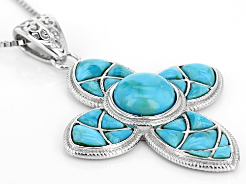 8MM ROUND & FREE-FORM COMPOSITE TURQUOISE RHODIUM OVER SILVER CROSS PENDANT CHAIN