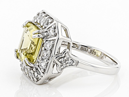 3.36CT ASSCHER CUT YELLOW APATITE WITH 1.20CTW ROUND WHITE ZIRCON STERLING SILVER RING - Size 9