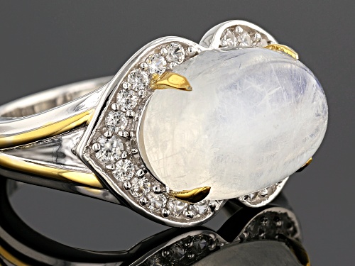 14x10mm Rainbow Moonstone with .40ctw White Zircon 14K Gold over Silver and Silver two-tone Ring - Size 7