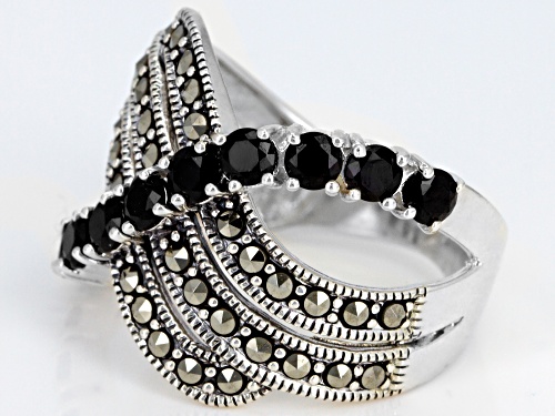 1.30ctw Round Black Spinel With 1.50mm Round Marcasite Sterling Silver Crossover Ring - Size 5