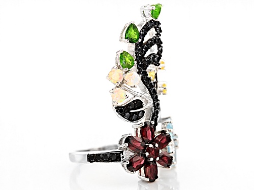 4.85ctw Oval, Round And Pear Shape Glacier Topaz™, Rhodolite And Multi Gem Silver Floral Ring - Size 6