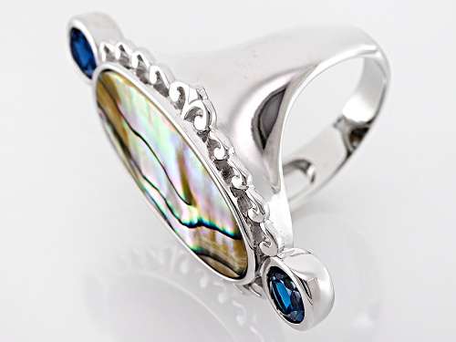24x12mm Oval Abalone Shell With 1.03ctw Round London Blue Topaz Sterling Silver Ring - Size 6