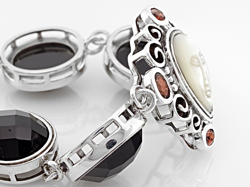 Pear Carved White Mother Of Pearl, Oval Black Onyx, 1.09ctw Oval Vermelho Garnet™ Silver Bracelet - Size 7.5