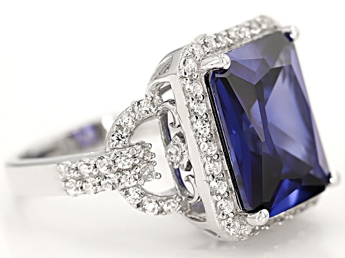 8.08ct Rectangular Lab Created Blue Sapphire And 1.16ctw Round White Zircon Silver Ring - Size 12