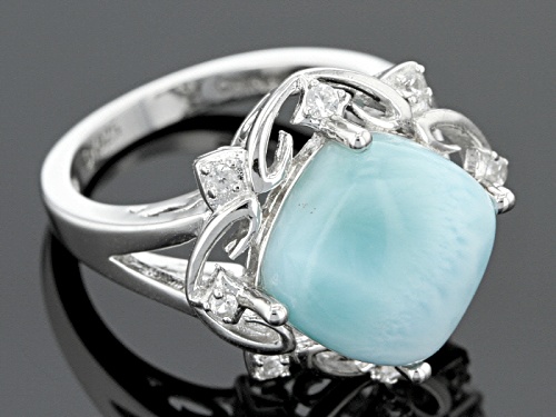 12mm Square Cushion Larimar Cabochon And .17ctw Round White Zircon Sterling Silver Ring - Size 6