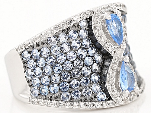 1.94ctw Pear Shape And Round Lab Created Blue Spinel With .57ctw Round White Zircon Silver Ring - Size 7