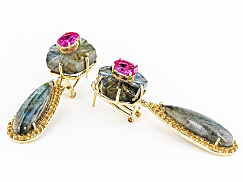 Rachel Roy Jewelry, Labradorite with 6.20ctw Lab Sapphire & Citrine 18k Gold Over Silver Earrings