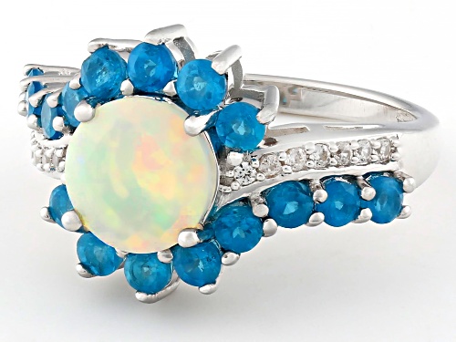 1.08ct Ethiopian Opal with 1.00ctw Neon Apatite & 0.16ctw White Zircon Rhodium Over Silver Ring - Size 8