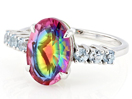 2.97ct Rainbow Quartz Doublet with 0.48ctw Glacier Topaz™ Rhodium Over Sterling Silver Ring - Size 8