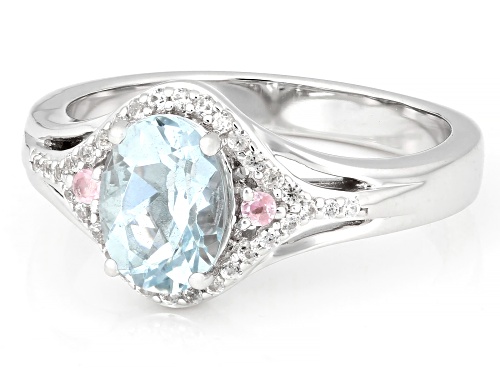 0.85ct Aquamarine with 0.01ctw Pink Spinel & 0.28ctw White Zircon Rhodium Over Sterling Silver Ring - Size 10