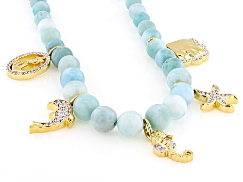 Round Larimar And 0.42ctw Lab Created Sapphire 18k Yellow Gold Over Sterling Silver Charm Necklace - Size 18