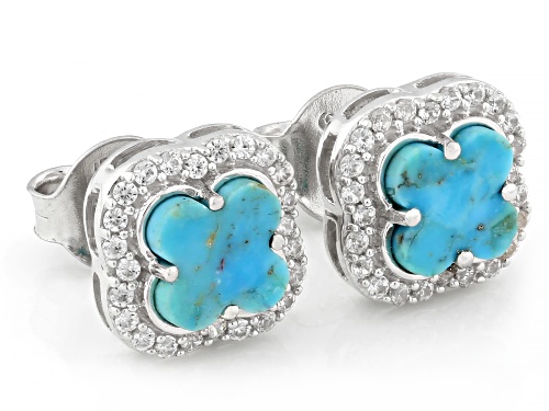 8mm Turquoise with 0.43ctw White Zircon Rhodium Over Sterling Silver Clover Earrings