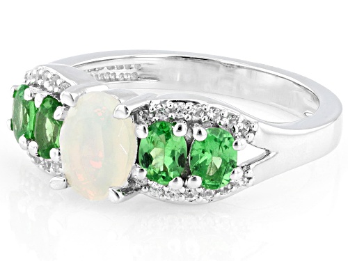 .40ct Ethiopian Opal with .68ctw Mint Tsavorite & .22ctw White Zircon Rhodium Over Silver Ring - Size 6
