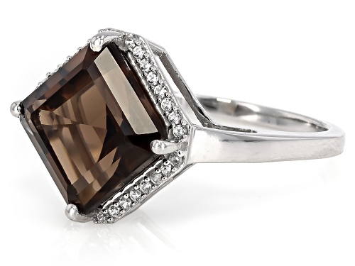 4.05ct Smoky Quartz with 0.26ctw White Zircon Rhodium Over Sterling Silver Ring - Size 10