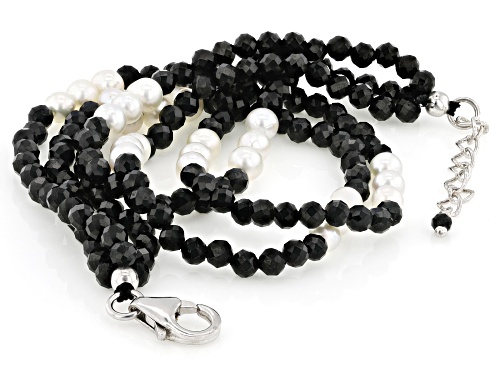 Black Spinel with Cultured Freshwater Pearl Rhodium Over Sterling Silver Bracelet - Size 7.5