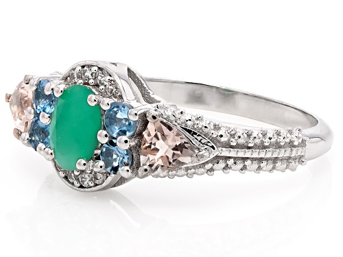 0.88ctw Emerald, Morganite, Santa Maria Aquamarine, and White Zircon Rhodium Over Silver Ring - Size 8