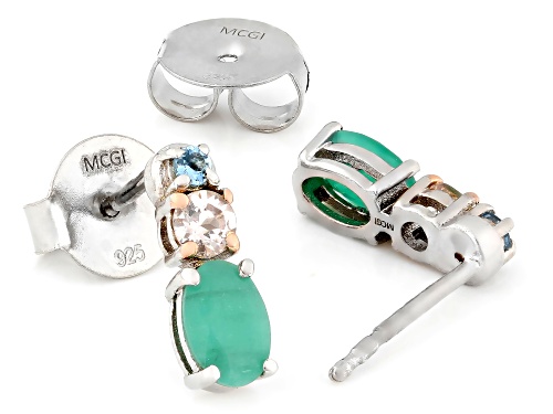 0.86ctw Zambian Emerald, Morganite, and Santa Maria Color Aquamarine Rhodium Over Silver Earrings