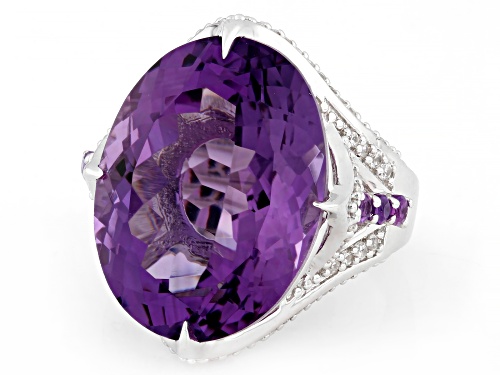 14.96ct Canela Amethyst with 0.36ctw African Amethyst and 0.79ctw Zircon Rhodium Over Silver Ring - Size 7