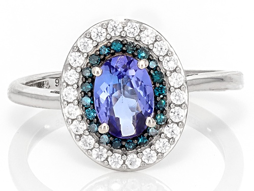 0.67ct Tanzanite with 0.21ctw White Zircon and 0.09ctw Blue Diamond Platinum Over Silver Ring - Size 9