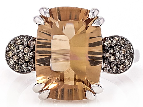5.32ctw Concave-Cut Champagne Quartz Rhodium Over Sterling Silver Ring - Size 9