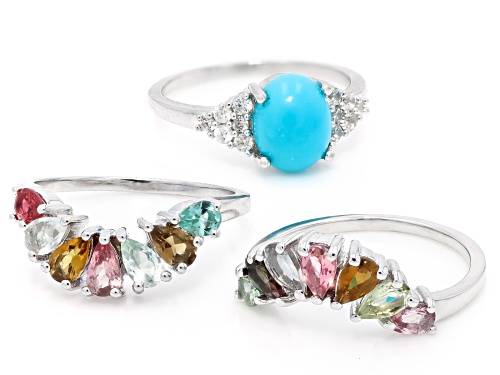 Sleeping Beauty Turquoise with 2.45ctw Multi Tourmaline & Zircon Platinum Over Silver Set/3 Rings - Size 9