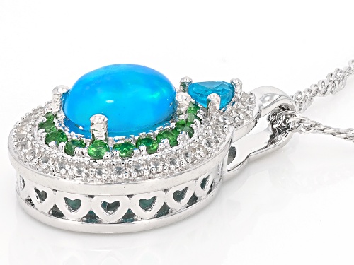 8x6mm Paraiba Opal With 0.63ctw Multi Gemstone Rhodium Over Sterling Silver Pendant With Chain
