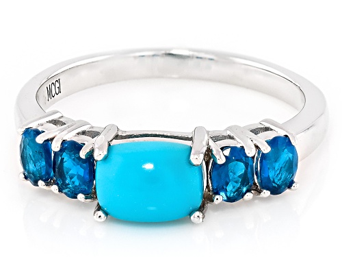 Sleeping Beauty Turquoise with 0.57ctw Neon Apatite Rhodium Over Sterling Silver Ring - Size 6