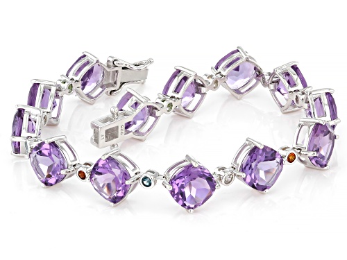25.30ctw Canela Amethyst with Multi-Gemstone Rhodium Over Sterling Silver Bracelet - Size 8
