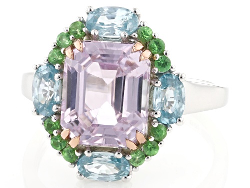 3.78ct Kunzite with 1.39ctw Blue Zircon & Tsavorite Rhodium & 18K Rose Gold Over Silver Ring - Size 10