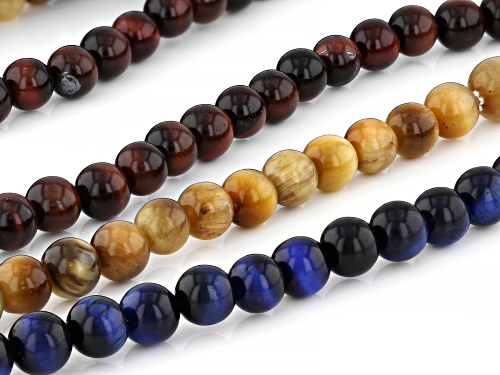 Red, Yellow, and Blue Tiger's Eye Rhodium Over Sterling Silver Stretchable Necklace Set Of 3 - Size 24