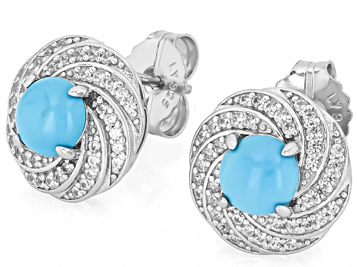 6mm Blue Sleeping Beauty Turquoise with 0.57Ctw White Zircon Rhodium Over Sterling Silver Earrings