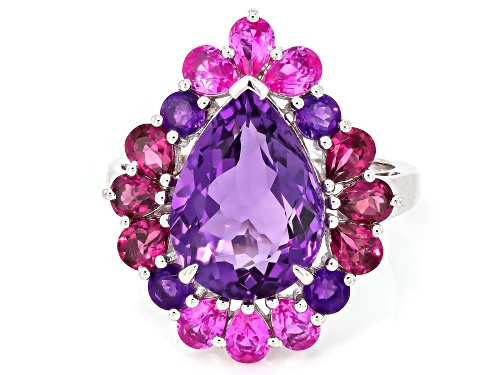4.08ct Canela Amethyst with 2.30ctw Multi-Gemstone Rhodium Over Sterling Silver Ring - Size 7