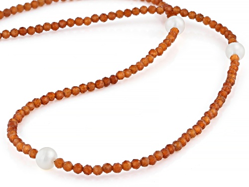 Hessonite Garnet With Cultured Freshwater Pearl Rhodium Over Sterling Silver Necklace - Size 18