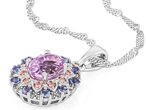 1.89ctw Kunzite with Tanzanite and Prazana® Lab Grown Diamonds Rhodium Over Silver Pendant/Chain
