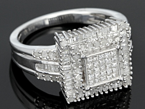 .95ctw Princess Cut, Round, & Baguette Diamond Rhodium Over Sterling Silver Ring - Size 6