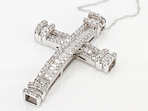1.30ctw Round And Baguette White Diamond 10k White Gold Cross Pendant With An 18inch Rope Chain