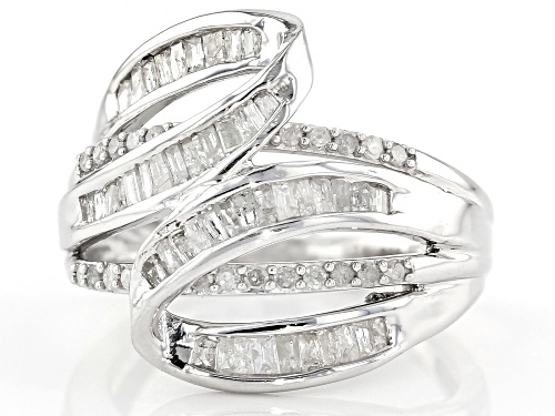 1.00ctw Baguette and Round White Diamond Rhodium Over S/S Ring - Size 5