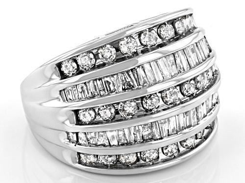1.85ctw Round And Baguette White Diamond 10k White Gold Dome Multi-Row Ring - Size 6