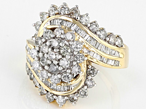 2.15ctw Round And Baguette White Diamond 10k Yellow Gold Cluster Cocktail Ring - Size 6