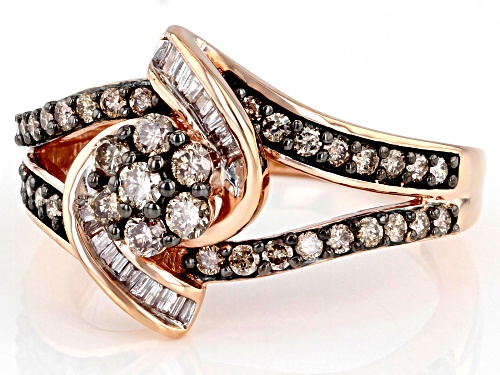 0.70ctw Round Champagne And Baguette White Diamond 10k Rose Gold Open Design Ring - Size 6