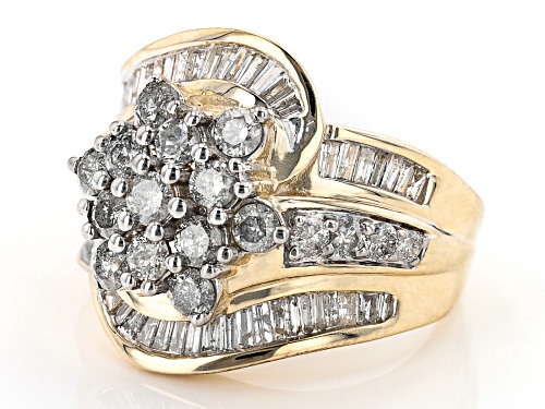 1.80ctw Baguette And Round White Diamond 10k Yellow Gold Cluster Bypass Ring - Size 7