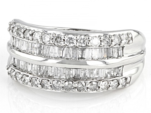 1.00ctw Baguette And Round White Diamond 10k White Gold Multi-Row Ring - Size 6