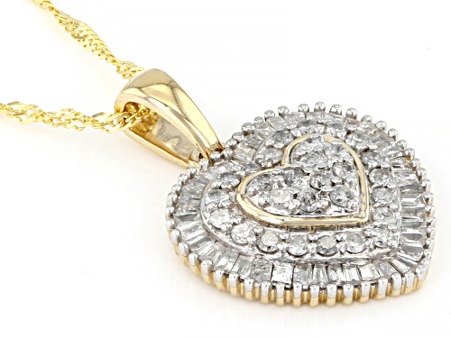 0.75ctw Baguette And Round White Diamond 10k Yellow Gold Heart Pendant With Chain