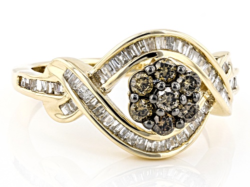 0.90ctw Round Champagne Diamond And Baguette White Diamond 10k Yellow Gold Crossover Ring - Size 8