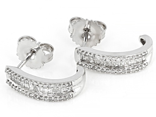 0.50ctw Baguette And Round White Diamond 10k White Gold J-Hoop Earrings