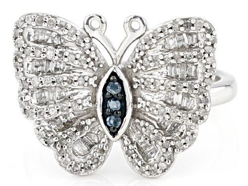 0.60ctw White Diamond And Blue Velvet Diamonds™ Rhodium Over Sterling Silver Butterfly Ring - Size 10