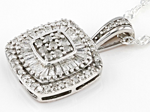 0.60ctw Baguette And Round White Diamond Rhodium Over Sterling Silver Halo Pendant With 18
